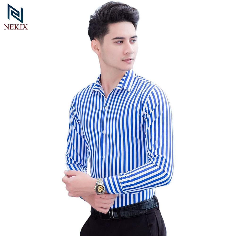 Áo Sơ Mi Nam Kẻ Sọc Dài Tay Chất Lụa Thô Thấm Hút Mồ Hôi Không Nhăn Không Xù