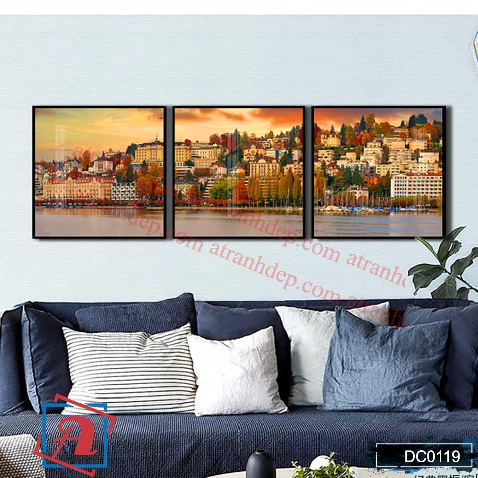 Tranh canvas treo tường Decor thành phố cách điệu thành phố bên sông hiện đại – DC120