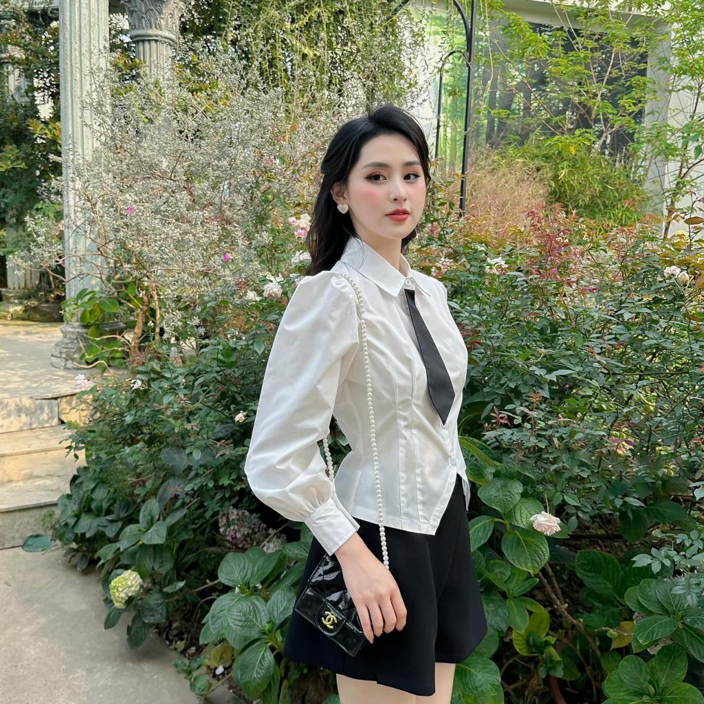 Áo sơ mi trắng cà vạt cách điệu phong Hàn Quốc