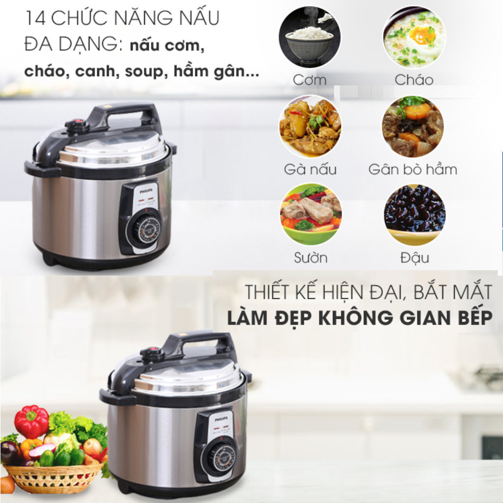 Nồi áp suất điện Philips HD2103/66 dung tích 5L, 14 chức năng nấu, chuẩn Châu Âu - Hàng chính hãng