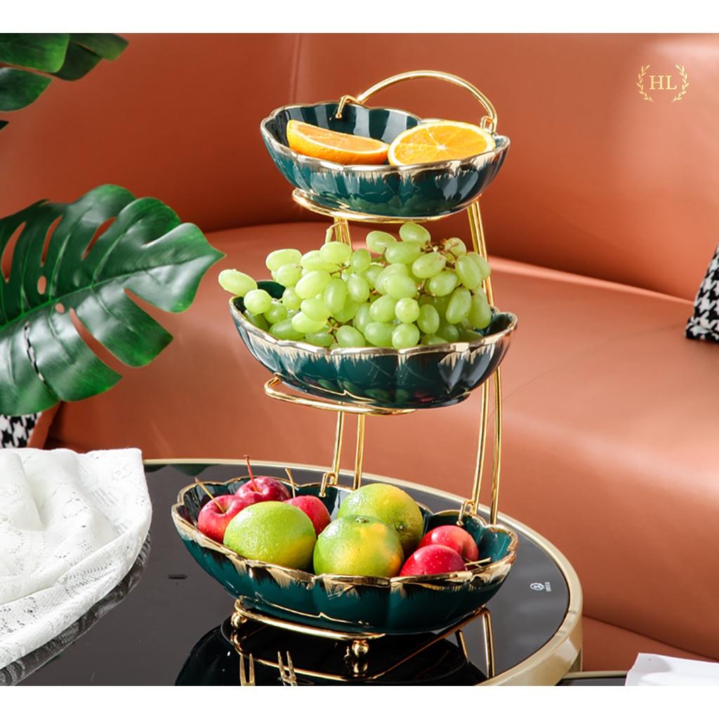 Kệ 2 Tầng, 3 Tầng Sứ Xanh Home Decor phong cách Bắc Âu khung kim loại | ĐĨA 2 3 TẦNG SỨ TRẮNG XANH KÈM KỆ INOX CAO CẤP