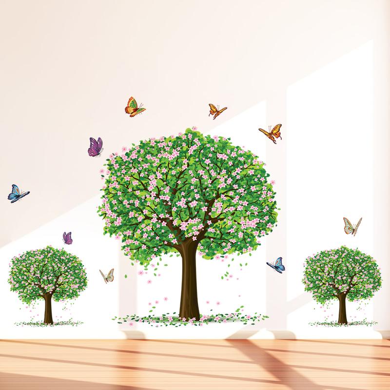 DECAL DÁN TƯỜNG BA CÂY XANH VÀ CHÂN TƯỜNG CỎ XANH