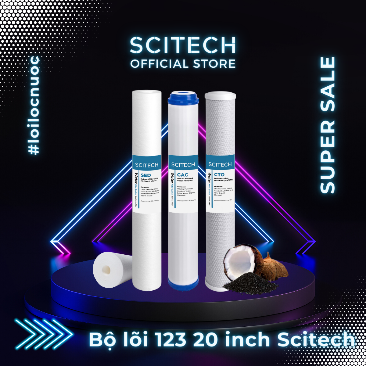 Bộ lõi lọc nước số 1,2,3 20 inch by Scitech dùng trong máy lọc nước RO, bộ lọc thô - Hàng chính hãng