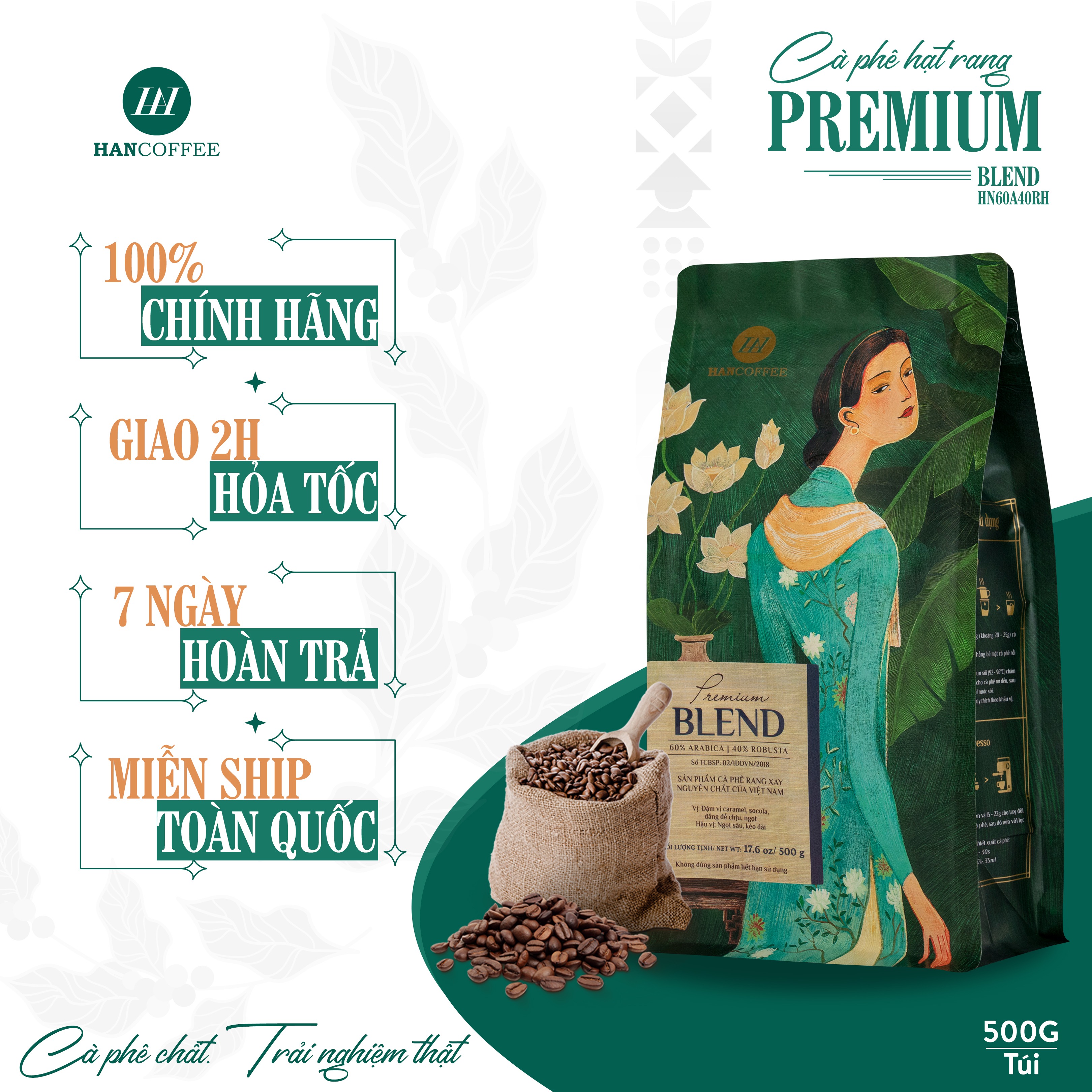 Cà Phê Pha Máy HANCOFFEE Espresso Hạt Rang Nguyên Chất Premium Blend Đậm, Đắng Dễ Chịu Túi 500g - HN60A40RH