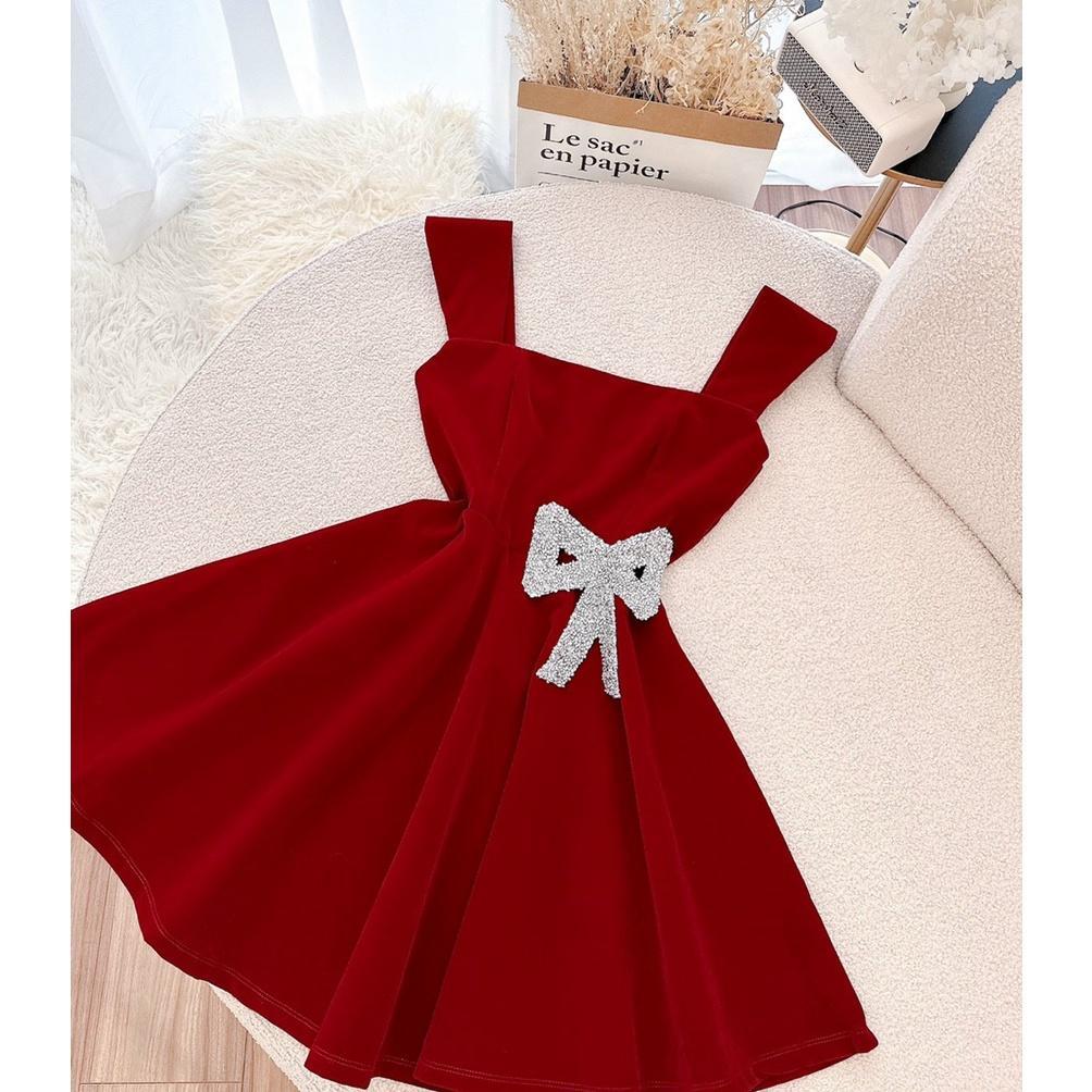 Đầm 2 dây đỏ ngắn xòe tay tiên đính đá nơ eo 2m dự tiệc cưới chơi noel chúc Tết