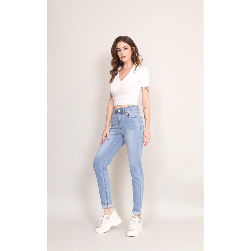 Quần Jean Nữ Baggy Boyfriend Trơn Cạp Lưng Cao co dãn CT Jeans