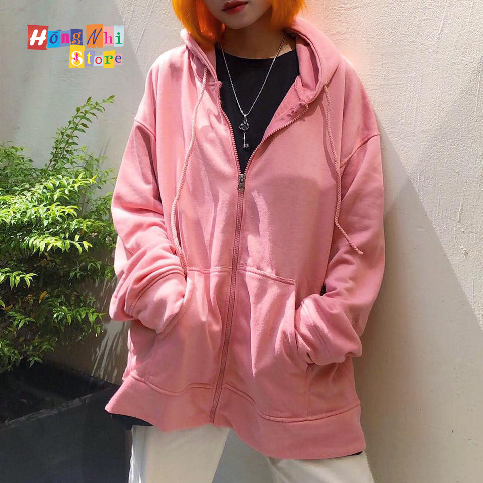 Áo Khoác Hoodie Zip Trơn Oversize Ulzzang Unisex Hoodie Dây Kéo Màu Hồng Ruốc Dáng Rộng - MM