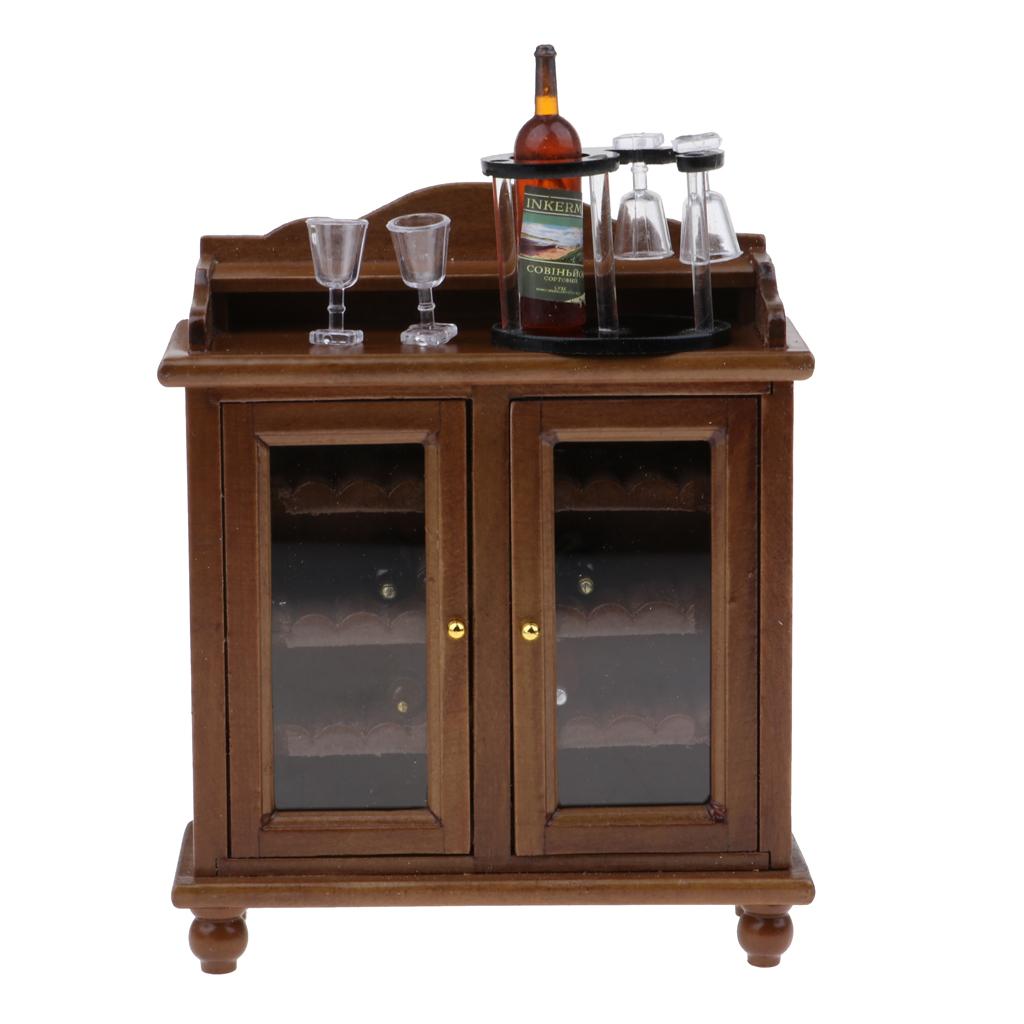 Vintage 1/12 Miniature Wooden Wine Cabinet & Wine Rack & Cup Dollhouse Model