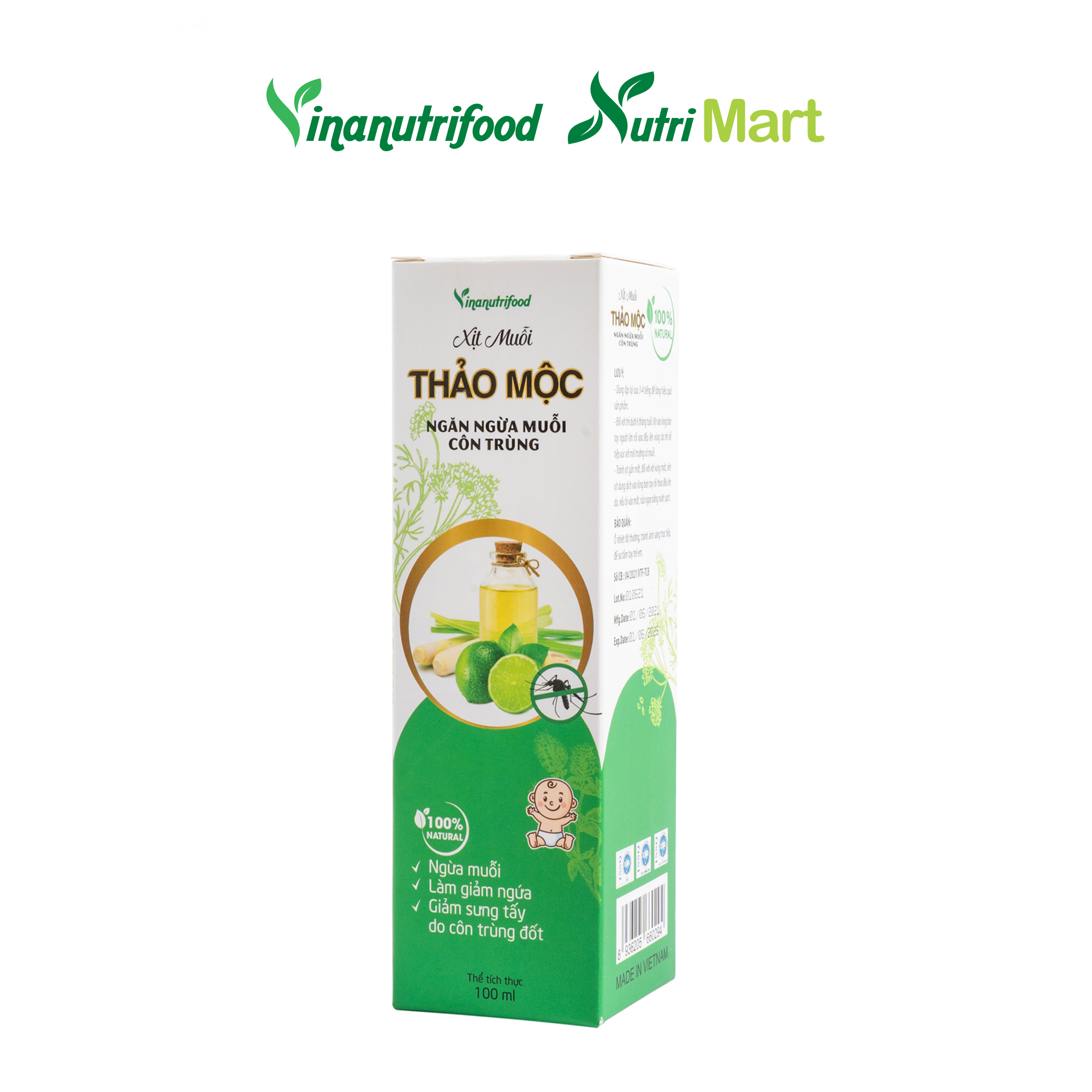 Xịt muỗi thảo mộc Vinanutrifood chiết xuất hoàn toàn từ các nguyên liệu tự nhiên, không hóa chất, an toàn cho cả trẻ nhỏ, bảo vệ da khỏi muỗi đốt, côn trùng cắn, làm mát, dịu da, giảm ngứa, dung tích 100ml