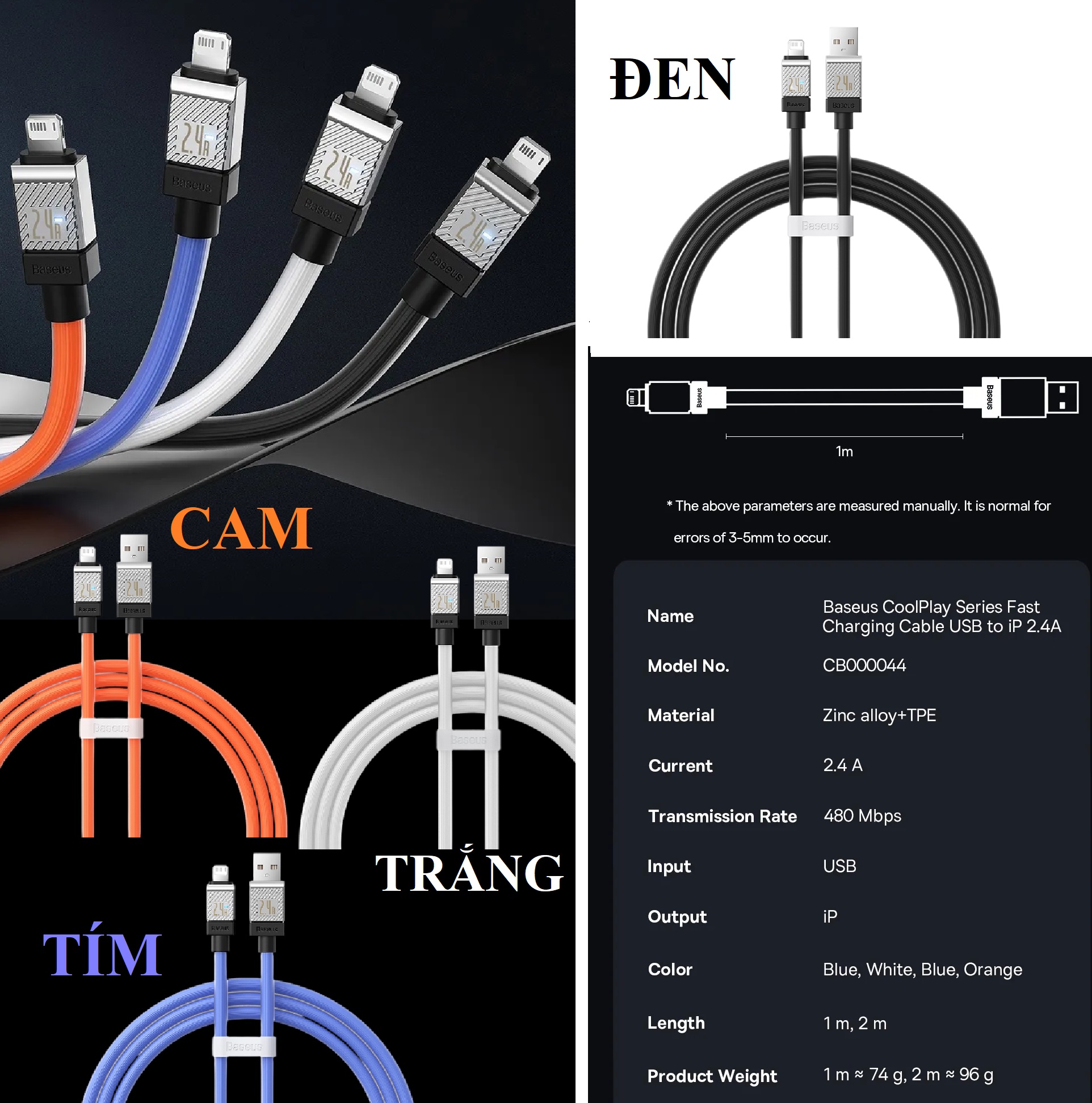 Cáp sạc và dữ liệu Usb-iP 2.4A đèn LED dây TPE dẻo siêu bền Baseus Coolplay CB00004 - Hàng chính hãng