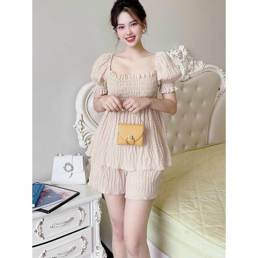 SET ÁO NHÚN THÂN CÚP NGỰC CÓ BO CHUN BÈO TAY NGẮN CỔ VUÔNG+QUẦN ĐÙI CHẤT VẢI XỐP NHÚN- ảnh thật