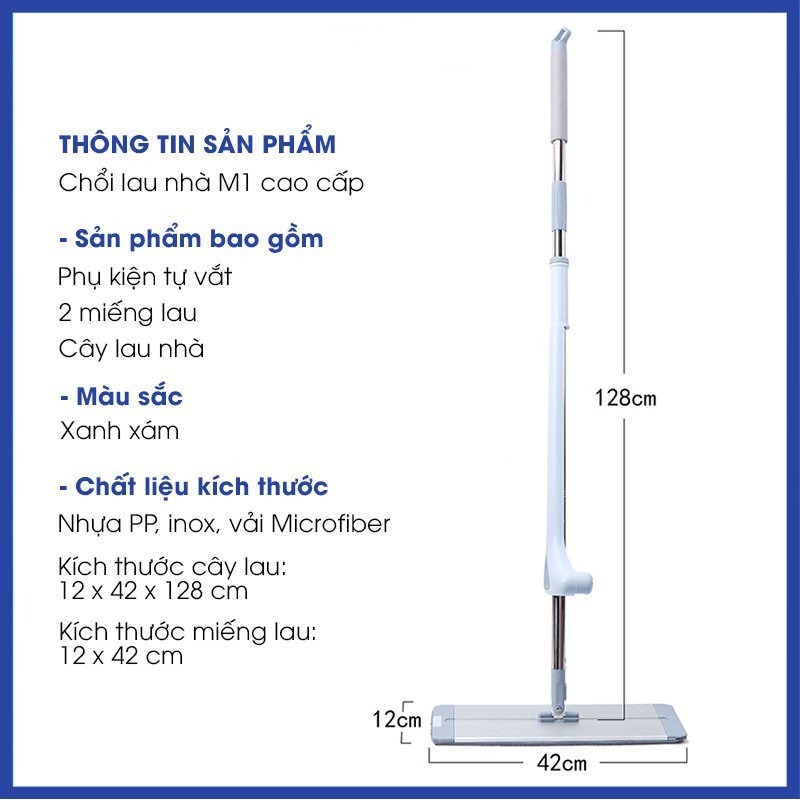 Cây lau nhà tự vắt thông minh, chổi lau nhà tự vắt thiết kế silicon gạt nước đa năng cây lau dài 128cm
