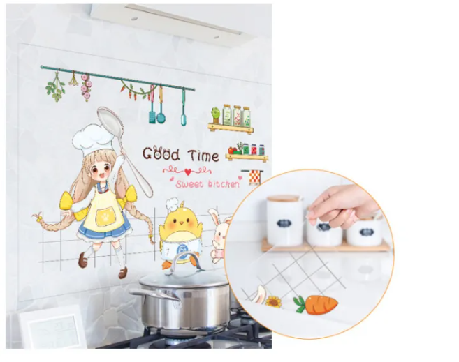 Decal dán bếp họa tiết trong suốt - Bé gái nấu ăn cùng gà và thỏ con