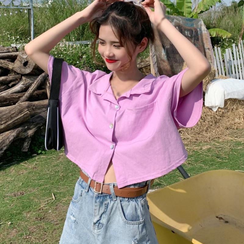 Áo Kiểu Tay Ngắn Dáng Rộng Màu Trơn Thiết Kế Thanh Lịch Cho Nữ