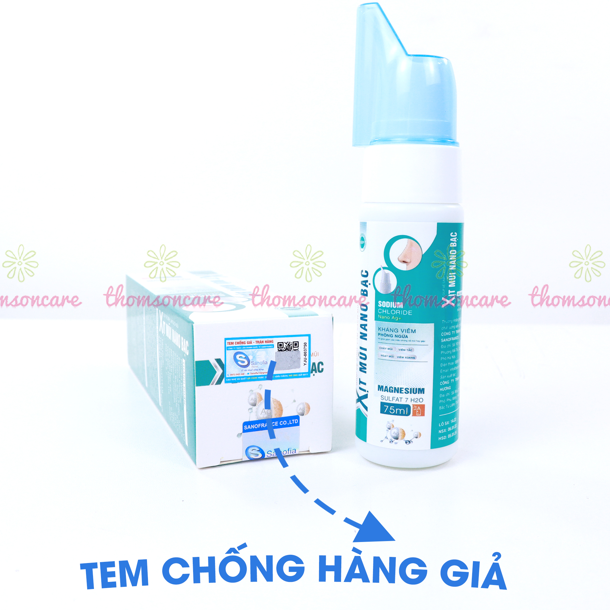 Xịt mũi Nano bạc - Giúp vệ sinh, làm sạch mũi, giảm ngạt mũi từ tinh dầu bạc hà thêm Nano Ag- Chai 75ml người lớn Thomsoncare