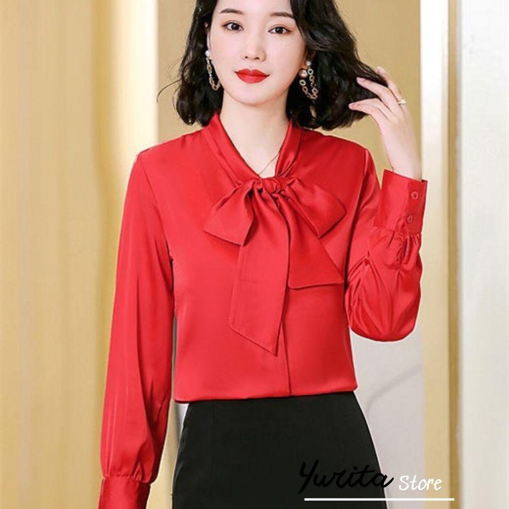 Áo Sơ Mi Kiểu Công Sở Đẹp YURITA Tay Dài Cổ Thắt Nơ Màu Đỏ Chất Lụa Cao Cấp From Rộng Hàn Quốc Ulzzang Vintage A1D