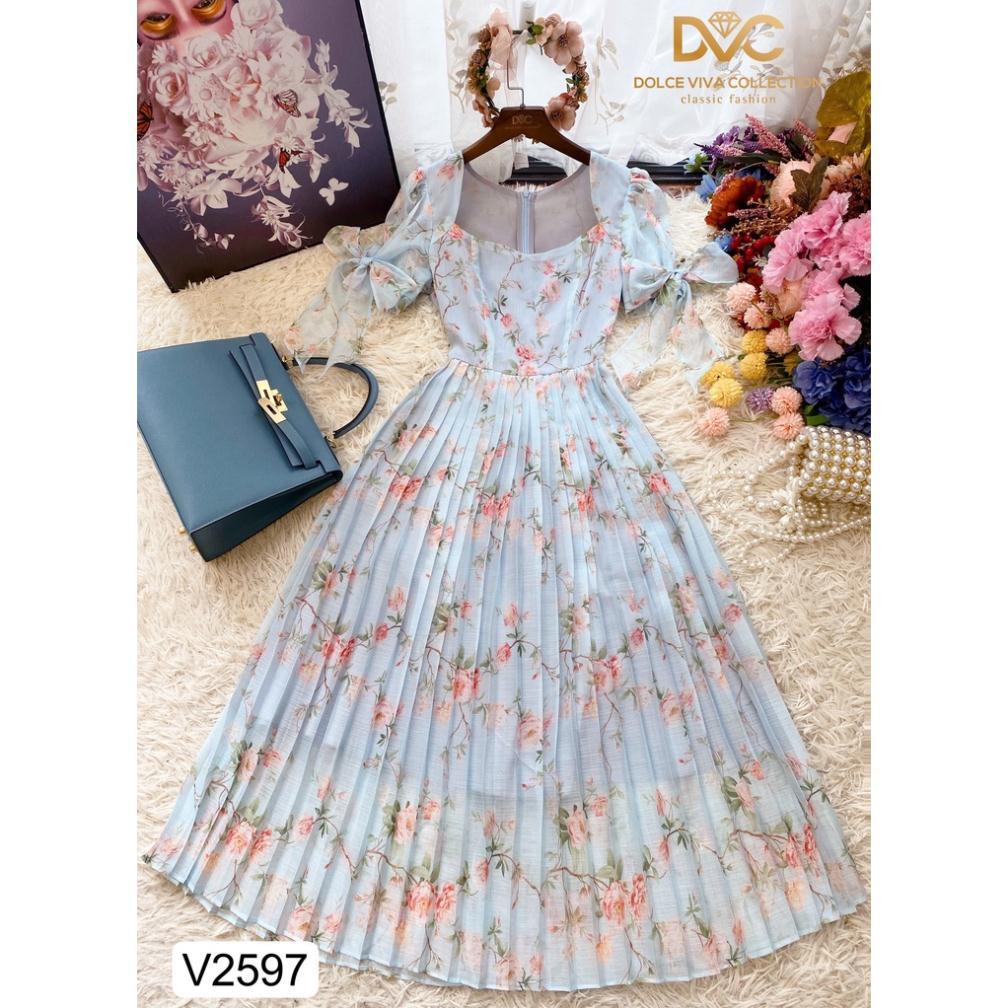VÁY HOA XANH TAY BUỘC NƠ V2597 Đẹp Shop DVC