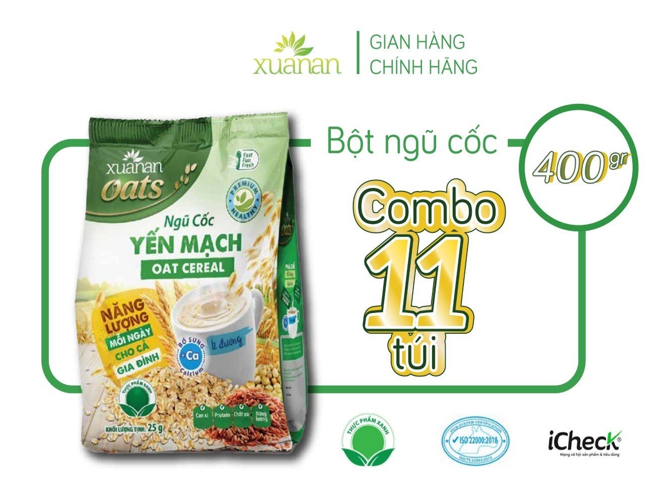 Combo 11 Túi Ngũ Cốc Yến Mạch Xuân An [ít đường] 400G {25g*16 gói}