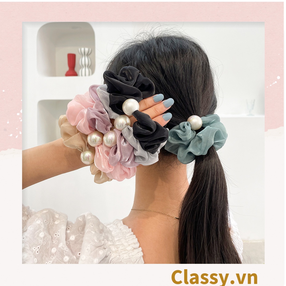 PK772 Scrunchies buộc tóc nhiều trơn màu, đính hạt; tông màu hoàng gia sang chảnh