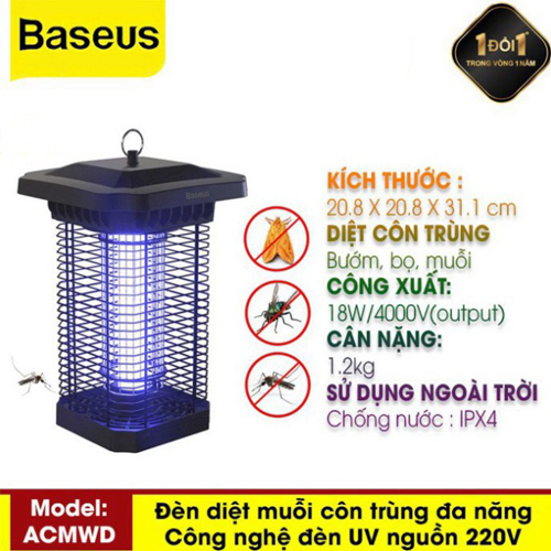 Đèn Bắt Muỗi, Côn Trùng Bằng Công Nghệ Tia UV Nhập Khẩu Chính Hãng Baseus Pavilion Courtyard Mosquito Killer 18W - 4000V Kháng Nước