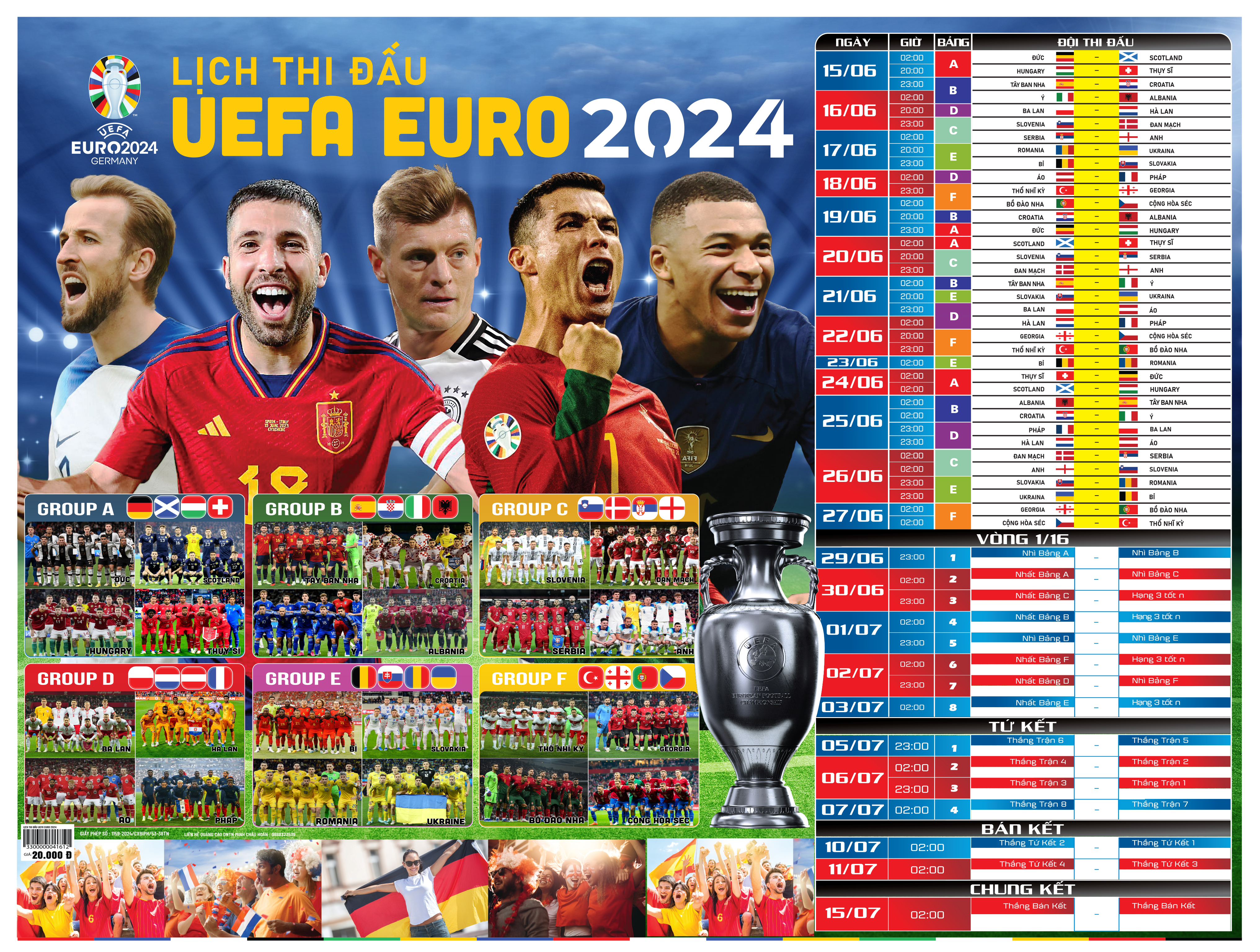 Lịch thi đấu bóng đá EURO 2024 ( Kích thước 86 X 65 )