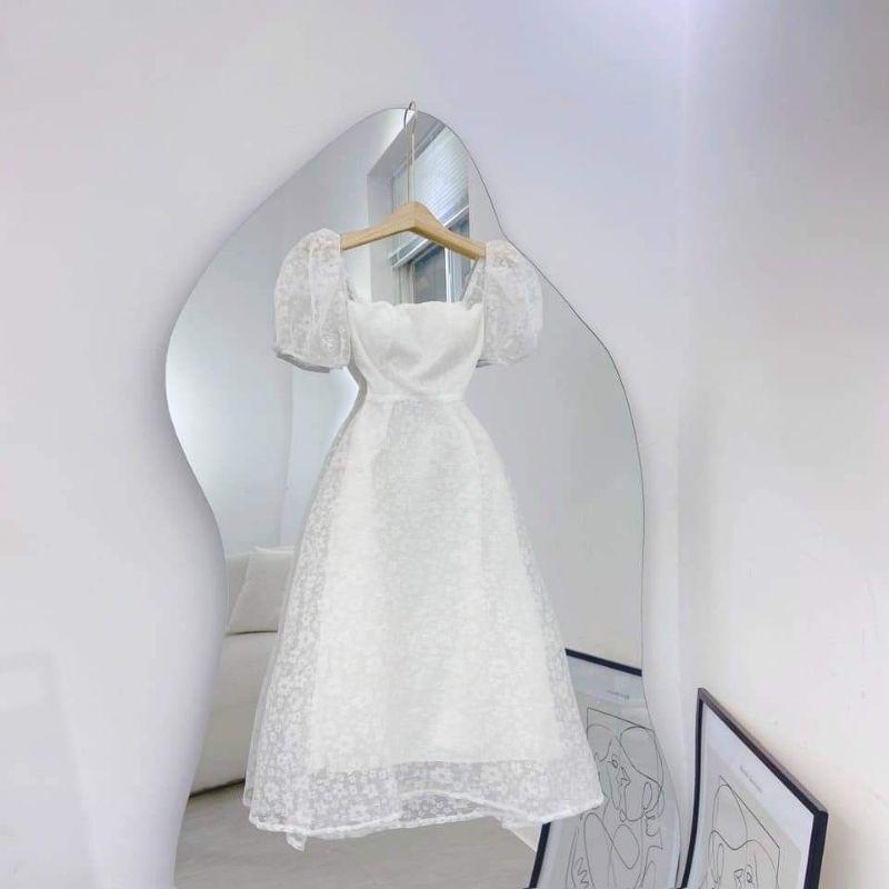 ĐẦM REN HOA TRẮNG DÁNG DÀI XÒE