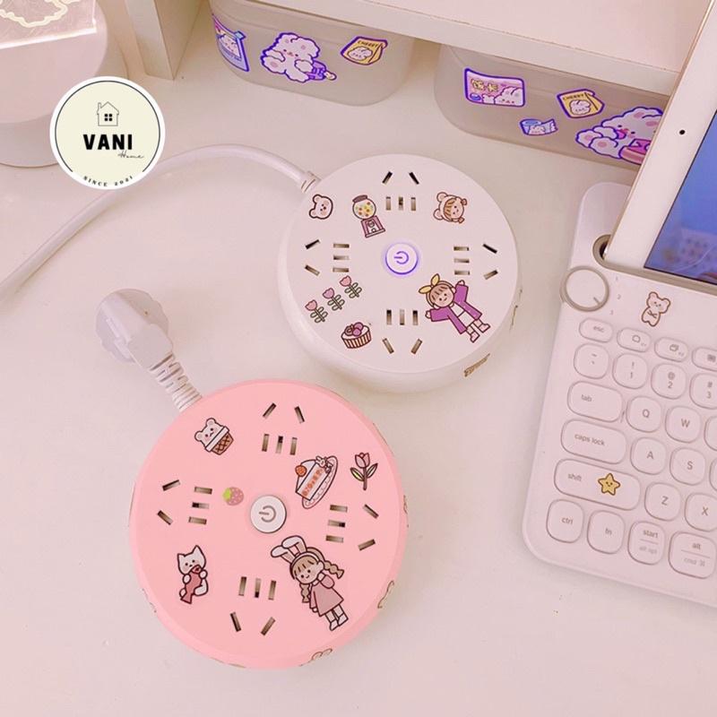 Ổ cắm điện tròn tặng kèm stiker dễ thương decor bàn học xinh xắn - Ổ điện đa năng chống giật 4 ổ cắm dây dài 1,8m