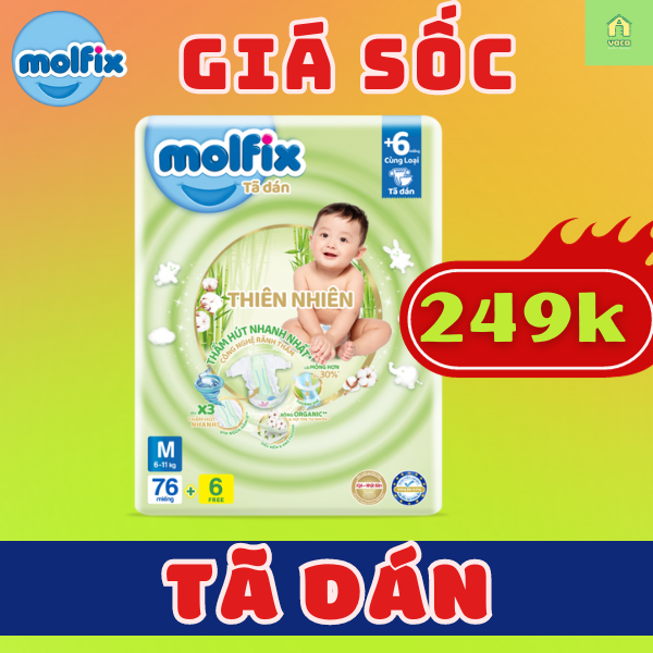 (MẪU MỚI CẢI TIẾN) Tã/bỉm dán Molfix size M76 miếng dành cho bé 6-11kg