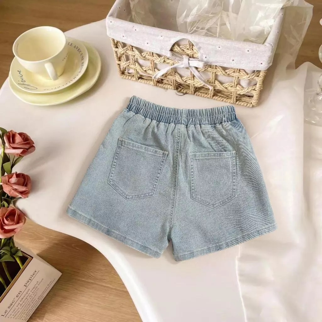 Quần Giả Váy Jean Bé Gái Xếp Ly Đính 2 Nơ Viền Ren Dễ Thương 12-45kg Dành Cho Bé Gái