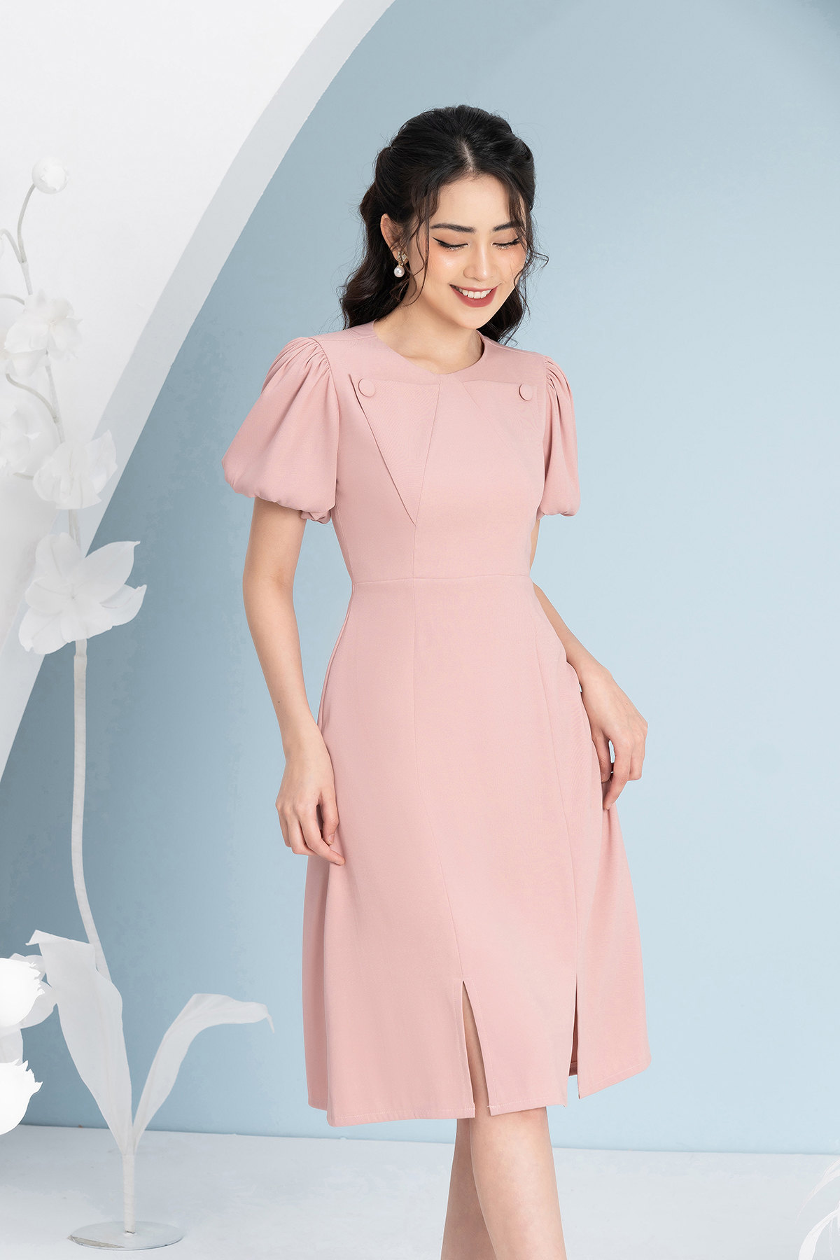 Đầm Thiết Kế Dáng Ôm A Luperi LFV3288 Tay Bồng Cổ Tròn Phối Túi Cúc