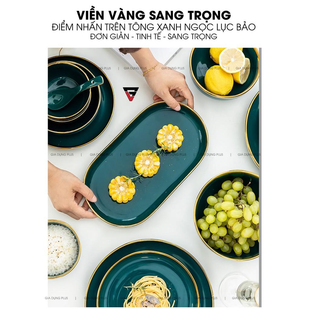 Bộ Chén Bát Đĩa Xanh Ngọc Lục Bảo Viền Vàng Phong Cách Bắc Âu Sang Trọng