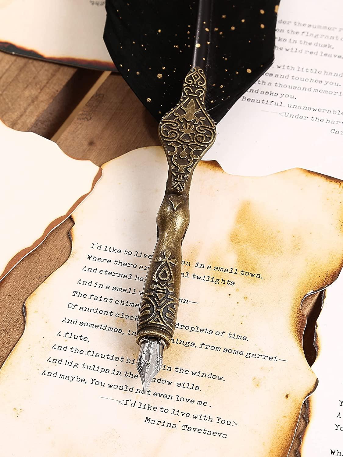 Bộ bút lông vũ chạm khắc cổ điển, Bút lông vũ lấp lánh Thư pháp Dip Pen with Ink