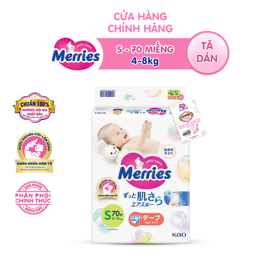 Tã/bỉm dán Merries size S - 70 miếng (dành cho bé 4 - 8kg)