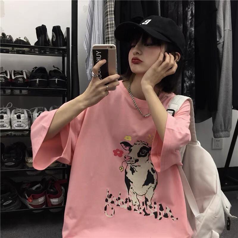 Áo thun unisex freesize bò sữa ảnh thật tay lỡ cổ tròn làm áo đôi áo nhóm 2021