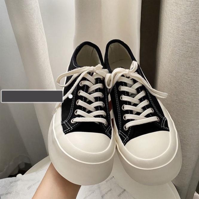 Giày thể thao nữ độn đế trơn có 2 màu đen &amp; kem vải canvas dáng basic phong cách retro ulzzang hàn quốc hot 2021