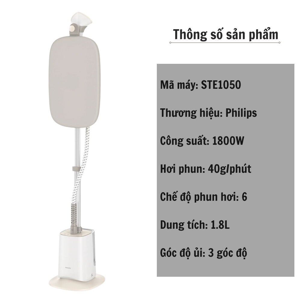 Bàn là ủi hơi nước đứng Philips STE1050 công suất 1800W, dung tích bình nước 1.8L với 6 chế độ phun hơi - Hàng nhập khẩu