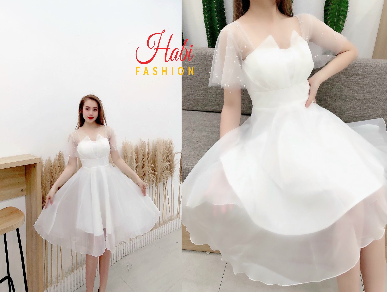 Váy trắng xòe công chúa dự tiệc, đi cưới, kỷ yếu cực chảnh, đầm thiết kế dáng xòe màu trắng ngực V có mút ngực (