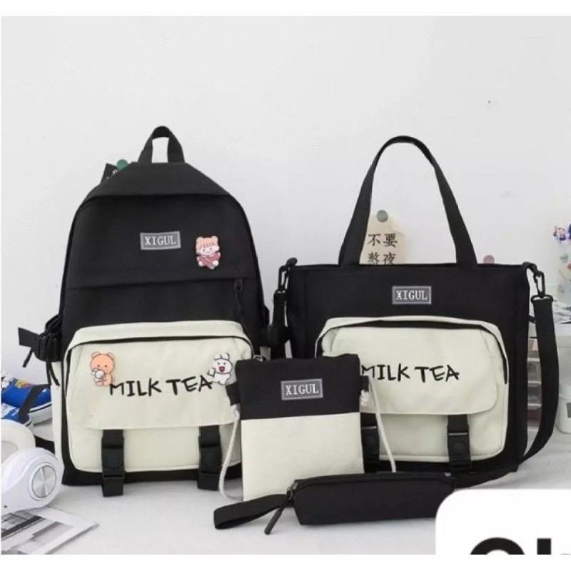 SET BALO 4 MÓN THỜI TRANG MILK TEA Balo nữ combo 4 món đi học thời trang sinh viên học sinh ba lô set cặp thời trang laptop Balo Set 4 Món