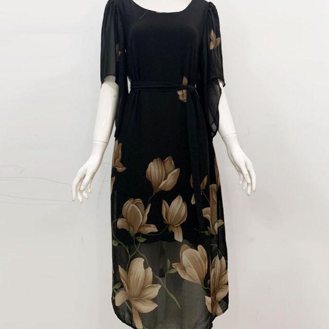 ĐẦM SUÔNG TAY CÁNH TIÊN IN HOA NÂU CỘT EO