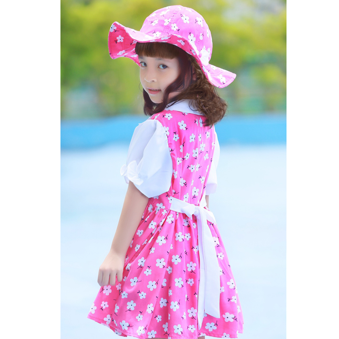 Bộ váy kèm mũ trẻ em hoa cúc màu hồng EK-06