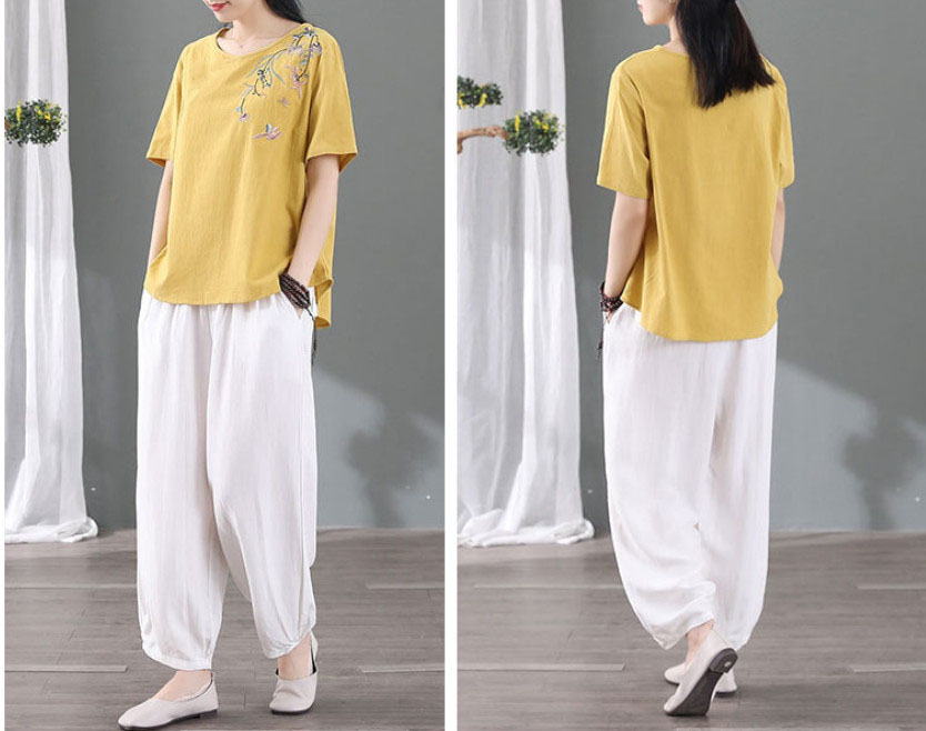 Áo kiểu nữ Đũi Việt, áo nữ form rộng, họa tiết hoa thêu ở ngực, phối đồ xinh DV18