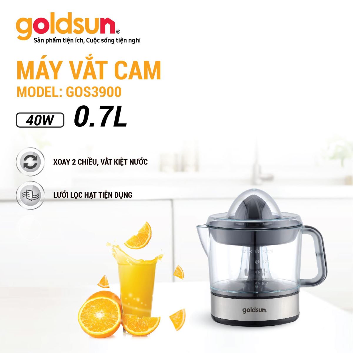 Máy Vắt Cam GOLDSUN GOS3900 Chế Độ Vắt 2 Chiều, Dung Tích 0.7L, Công Suất Cao 40W - Hàng Chính Hãng