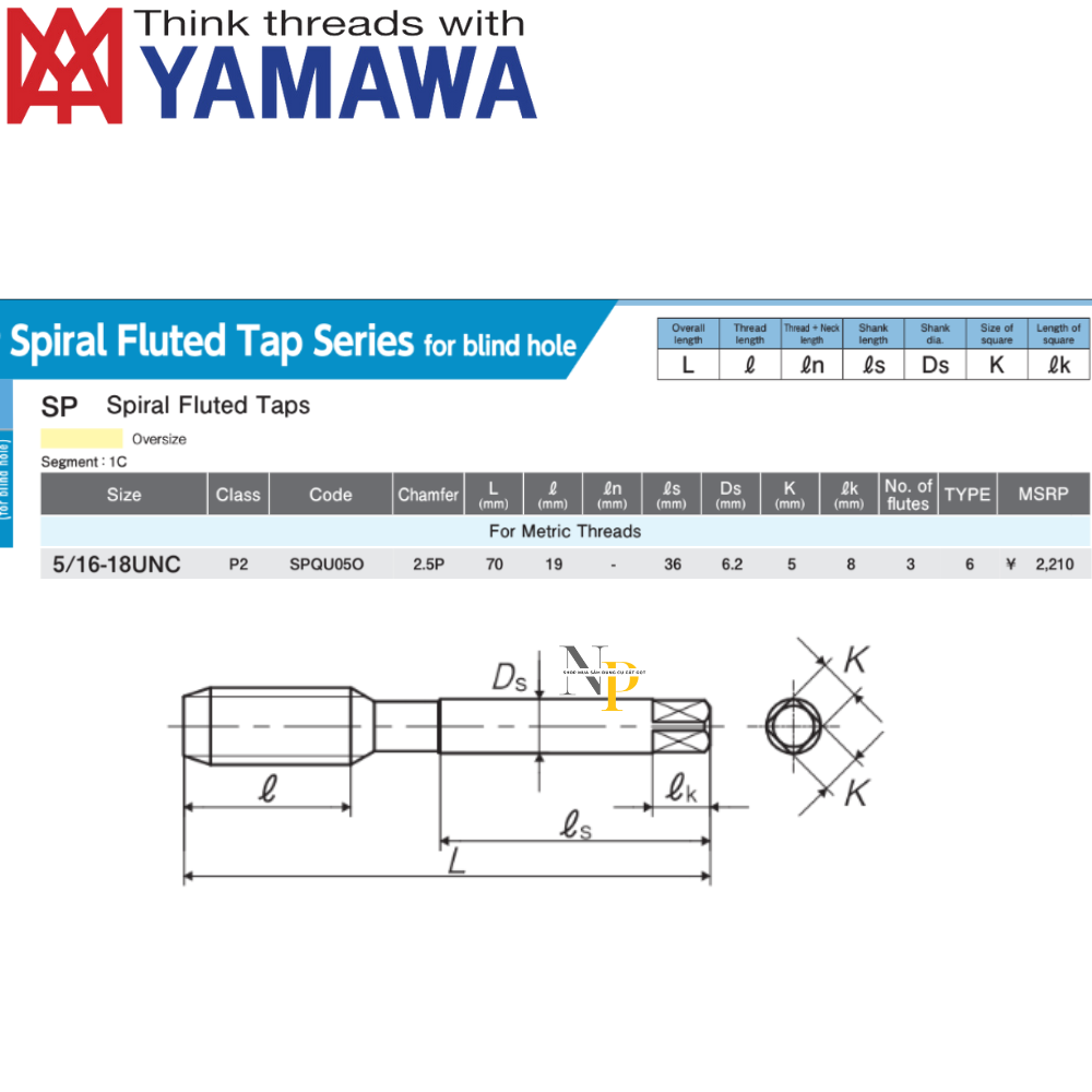 Mũi Taro Xoắn P2 5/16'-18 YAMAWA - SPQU05O