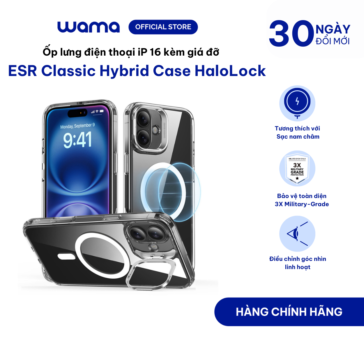 Ốp lưng điện thoại kèm chân đế ESR Classic Hybrid Case HaloLock cho iP 16 Series. Trong suốt và hạn chế ố vàng - Hàng chính hãng