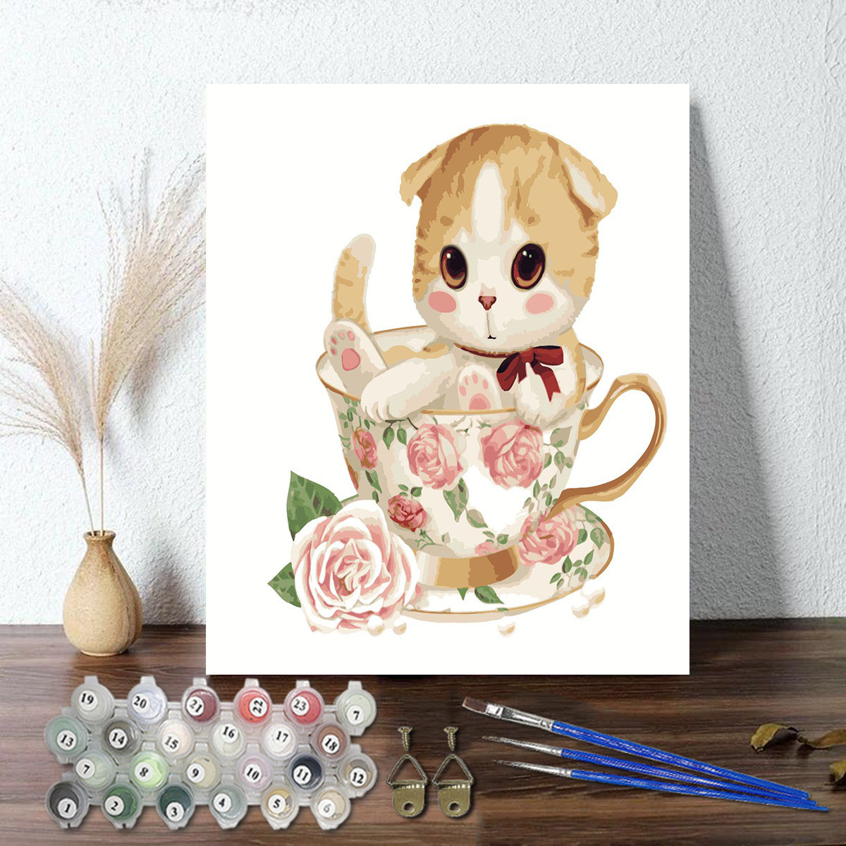 Tranh sơn dầu số hoá 40 x 50 cm có khung - Cuttie tea cat