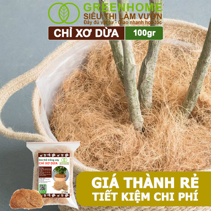 Chỉ Xơ Dừa Greenhome, Bao 100gr, Chuyên Dùng Giá Thể Trồng Lan, Kiểng Lá, Đắp Gốc Giữ Ẩm Cây Trồng