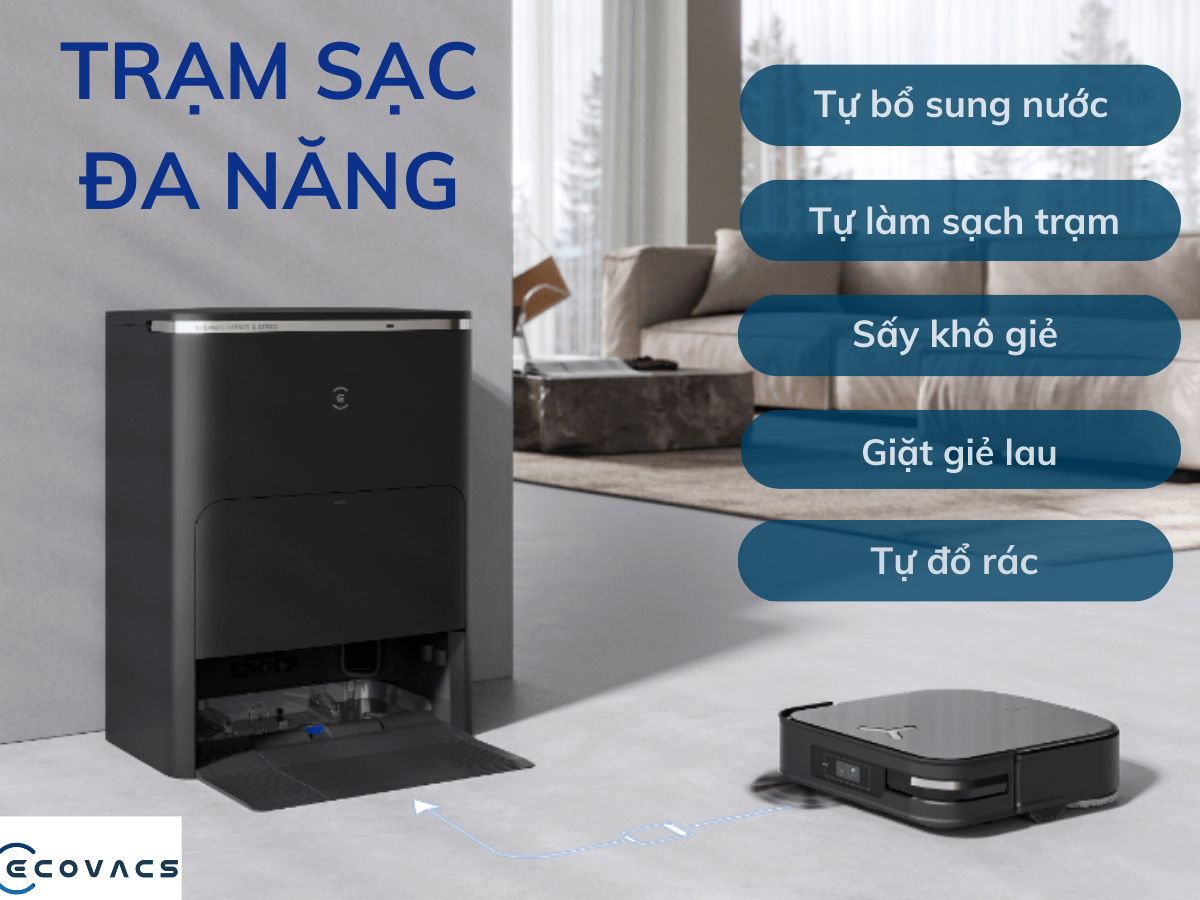 Robot Hút Bụi Lau Nhà ECOVACS X2 OMNI Kết Nối App Làm Mát Không Khí Khử Mùi, Trợ Lý Ảo YIKO, Công nghệ OZMO 2.0, Lực Hút 8000 Pa, Phù Hợp Diện Tích 250m2, Công Suất 45 W - Hàng Chính Hãng