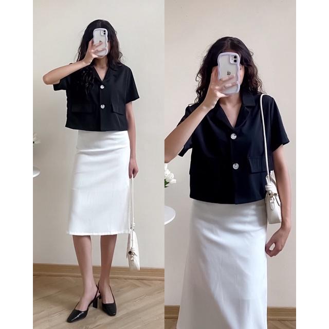 Áo sơ mi lửng dáng ngắn 2 nắp túi giả 2 khuy tay cộc 74a25 by germe