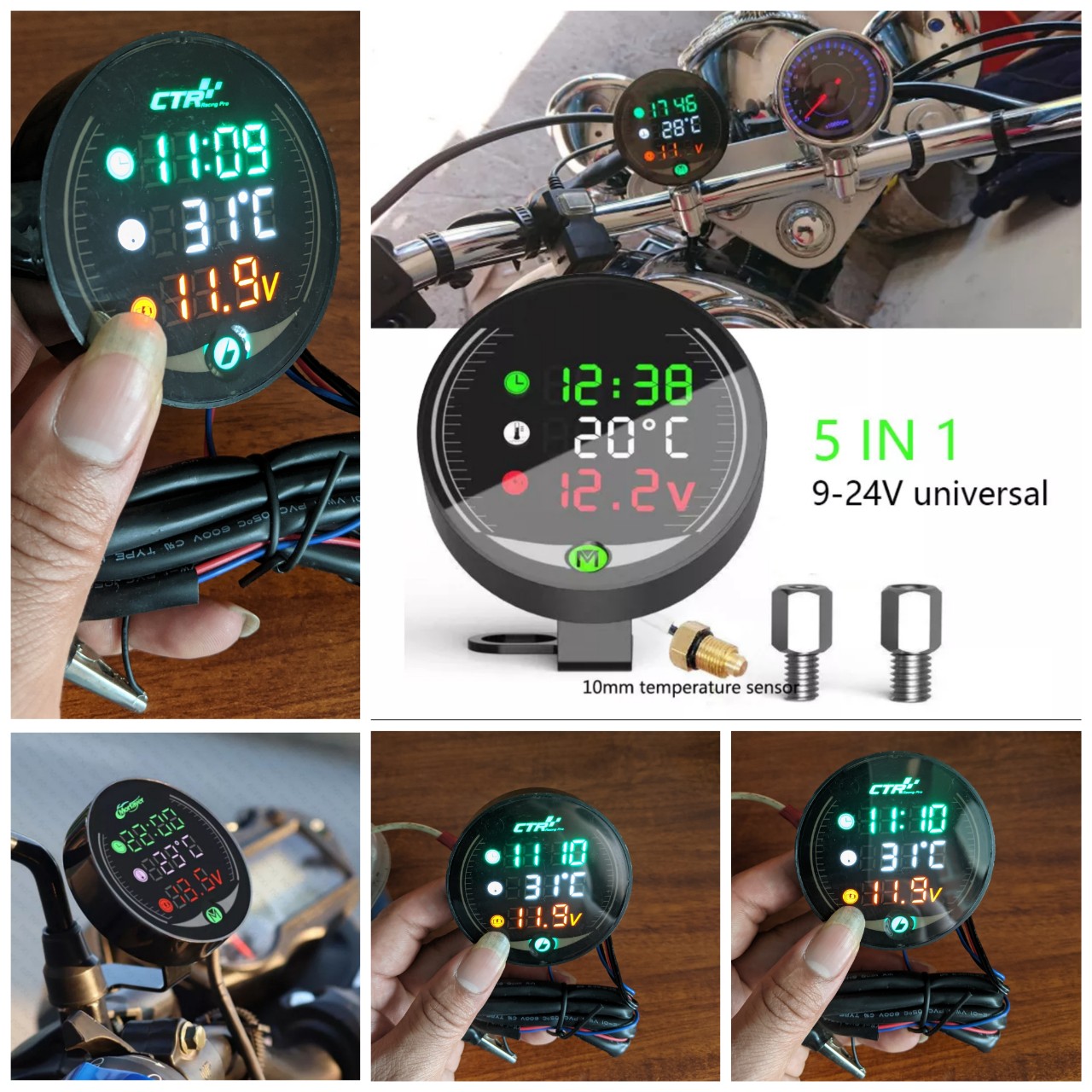 Đồng hồ 3in1 xe máy CTR báo giờ, vôn ắc quy, nhiệt độ đa năng mẫu mới hàng cao cấp