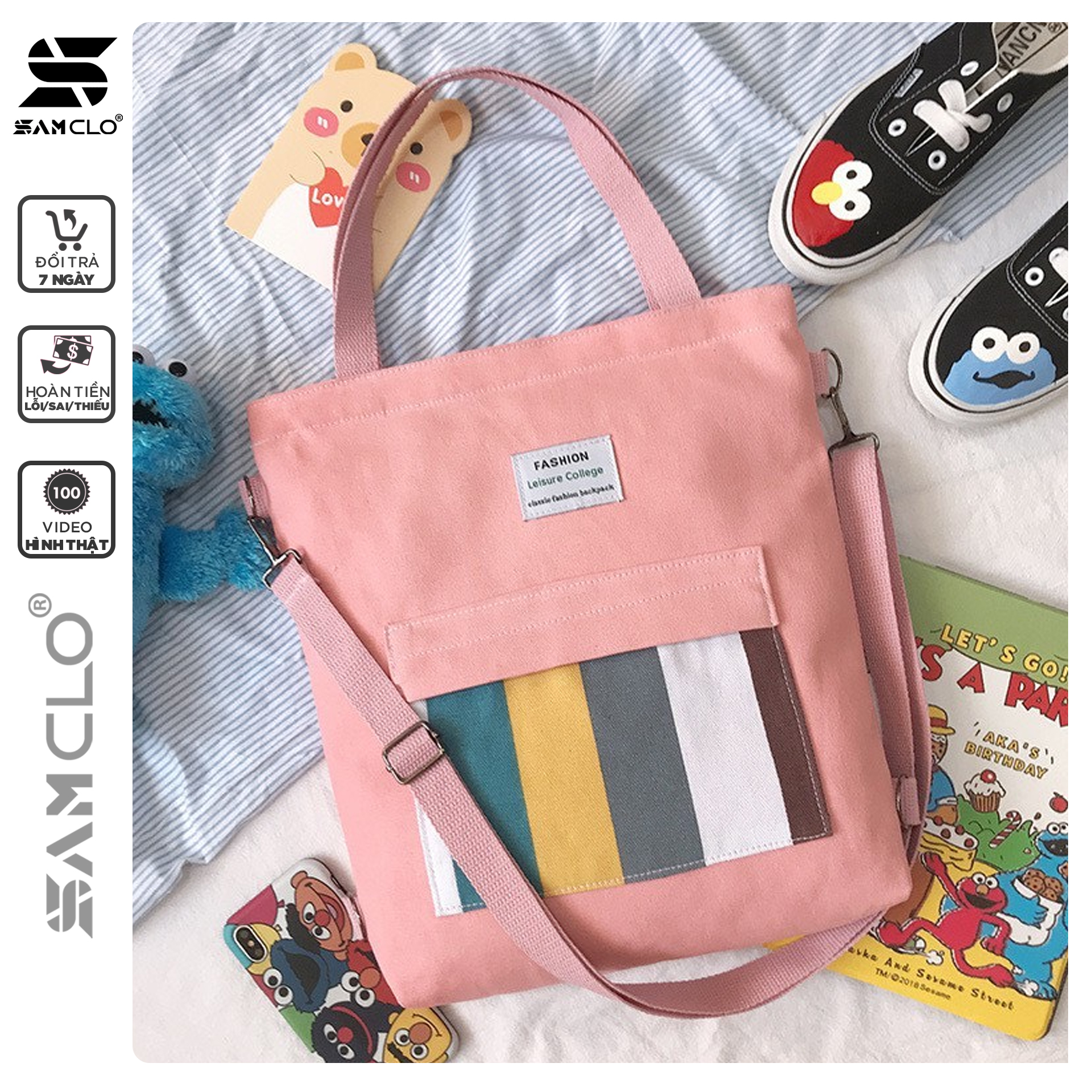 Túi đeo chéo SAM CLO bag canvas thời trang Hàn Quốc ULZZANG kèm phụ kiện, đựng sách, đi chơi, đi học SỌC MÀU